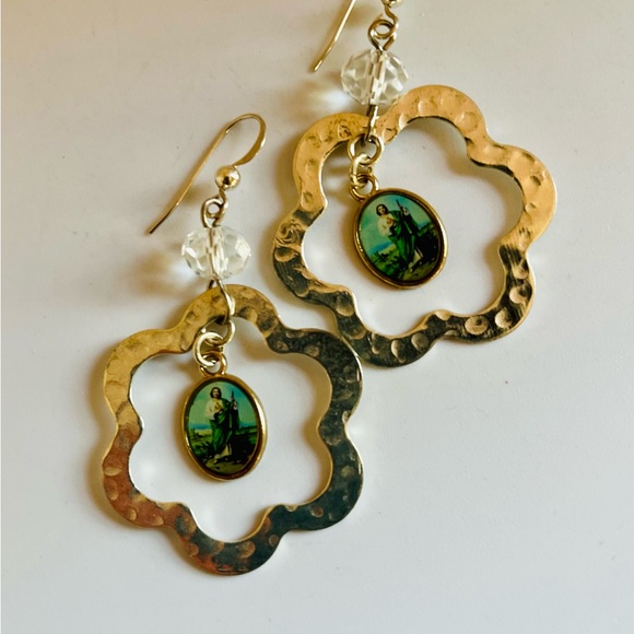 SOLD St. Jude Hammered Silver Dangle Earrings - Picture 8 of 16